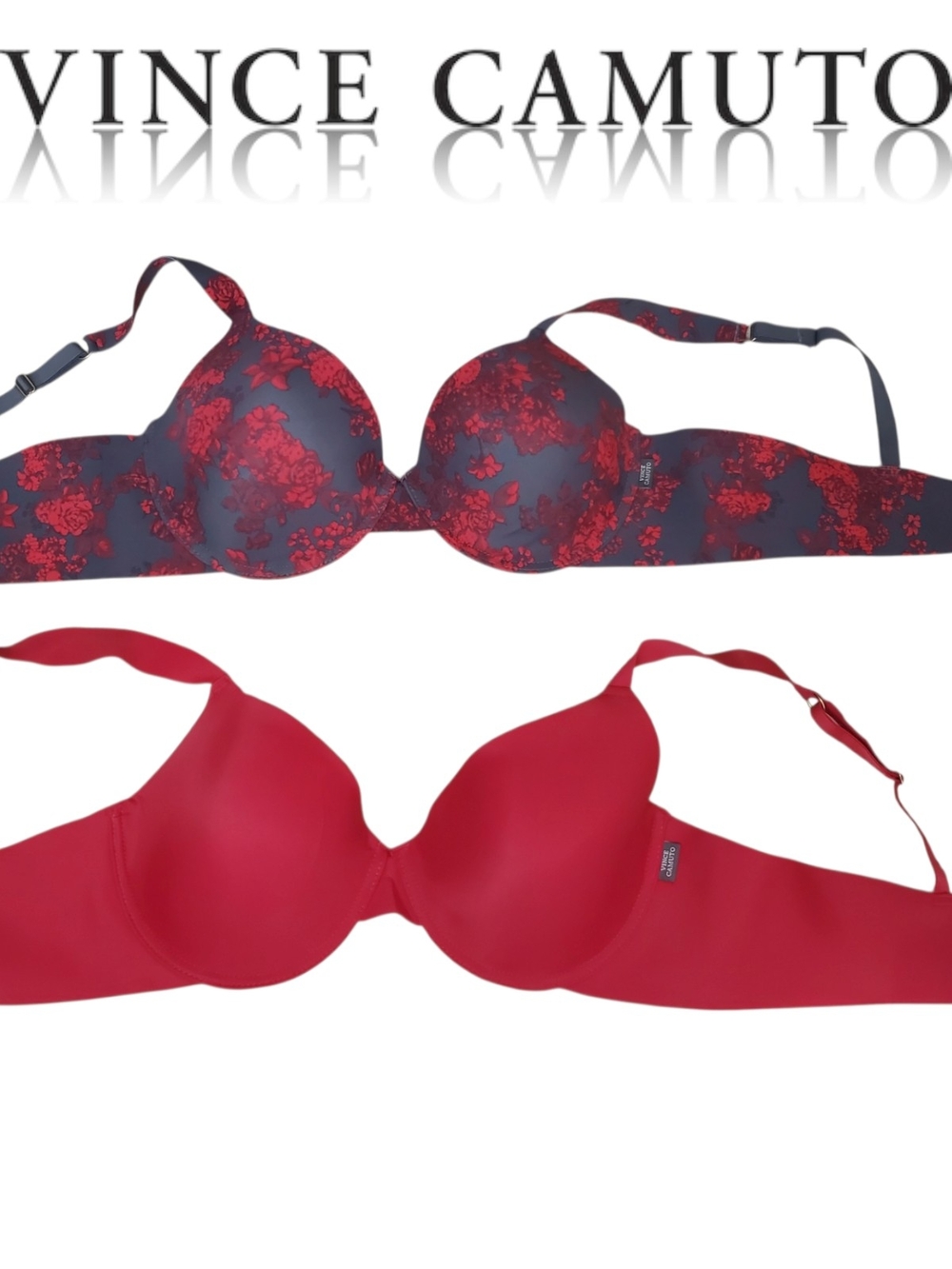 Vince Camuto Contour Tshirt Bra Lot 2 42C Solid Dark Red Rose Floral Gray NWOT